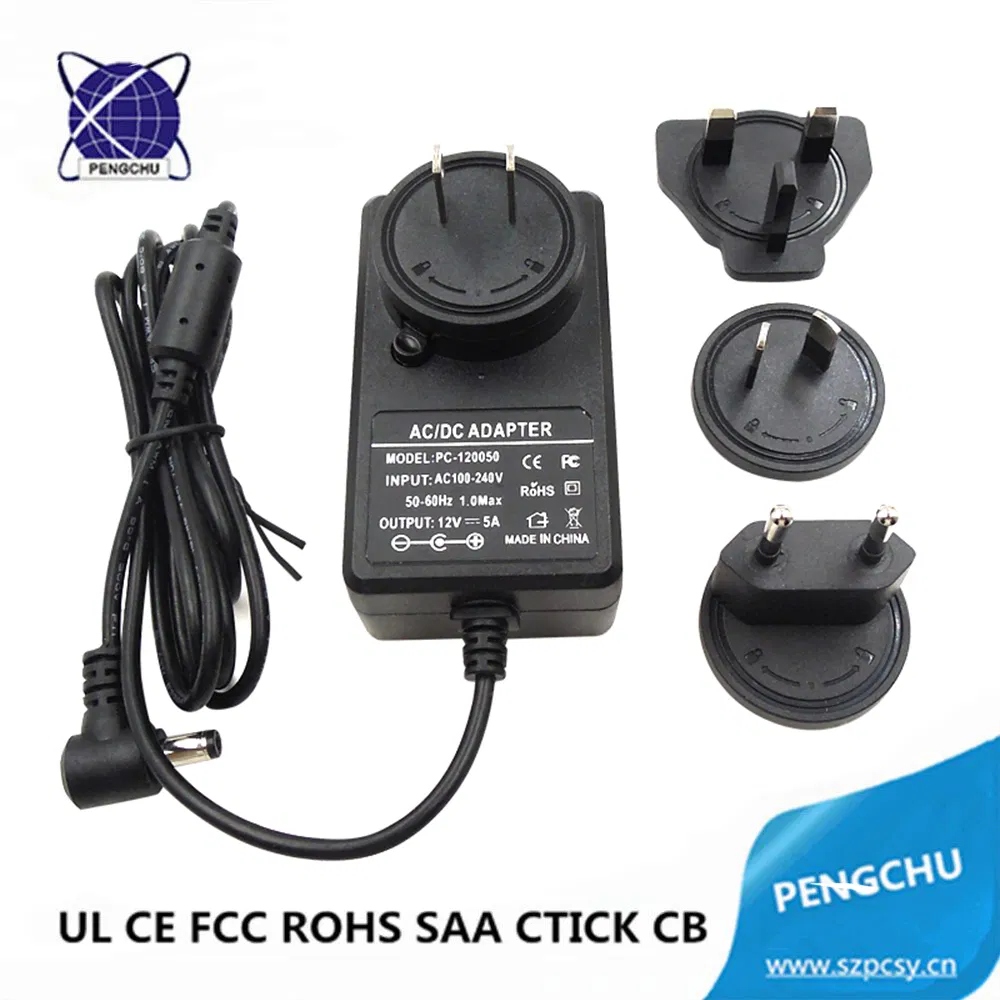 Single Output 12V 5A Wallmount Power Adapter 60W AC DC Interchangeable EU US AU EU Plugs