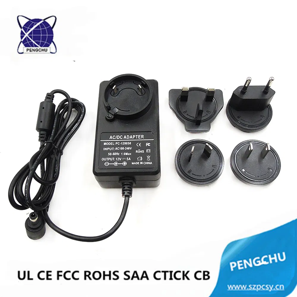 Adattatore di alimentazione a parete a uscita singola 12V 5A 60W AC DC intercambiabile EU US AU EU Spine